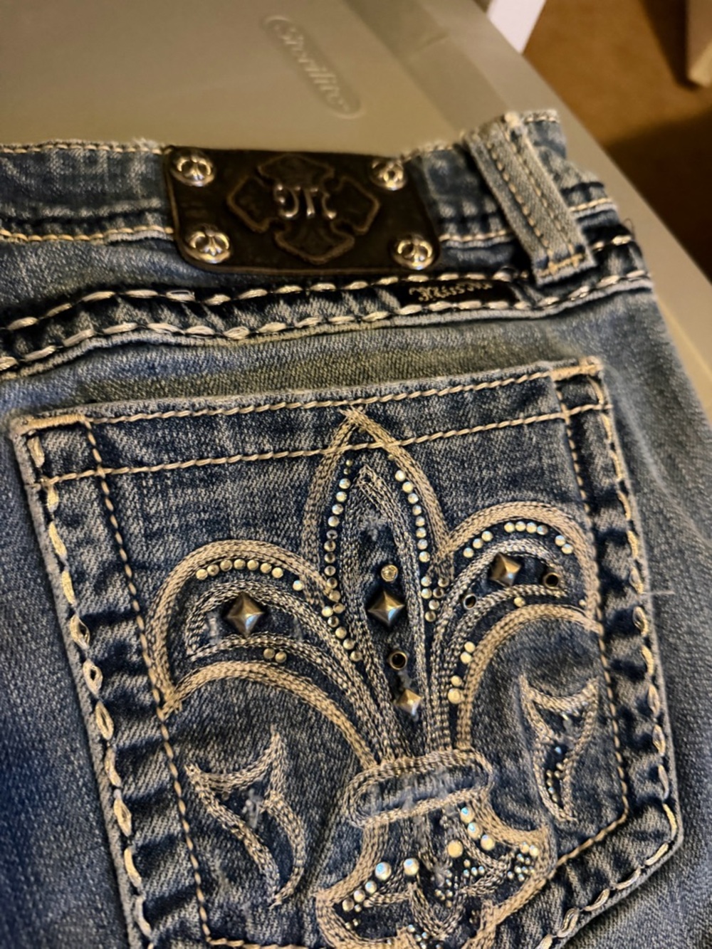 Miss Me Blue Bootcut Jeans with Fleur-de-Lis Embellished Pocket
